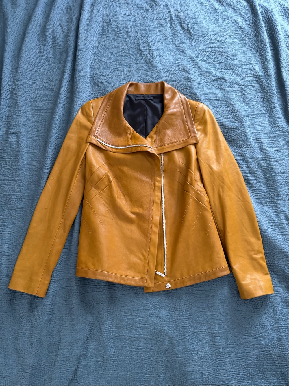 Elie Tahari Mustard Leather Asymmetrical Zip Jacket